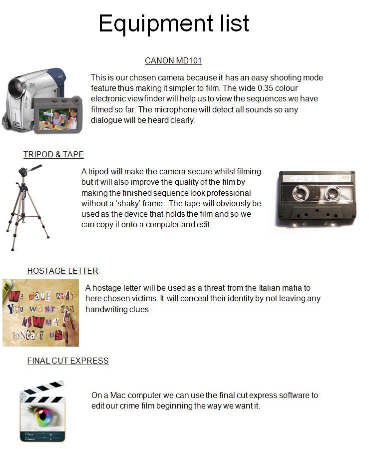 AS Media Crime Film Equipment List