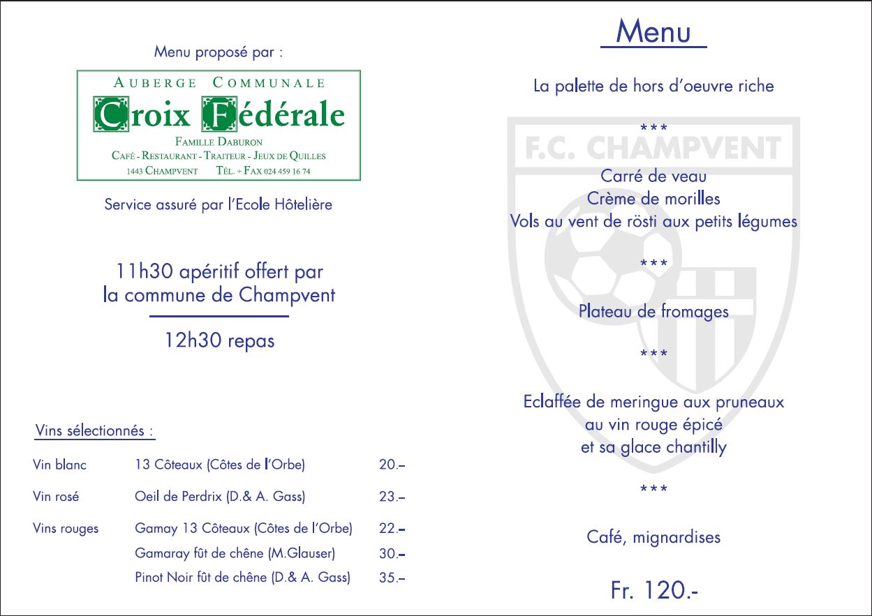 Menu du diner de soutien du FC Champvent