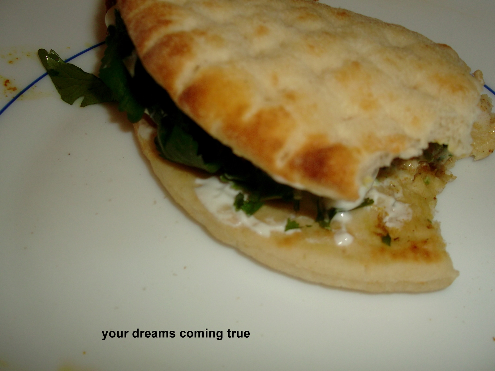 Chicken Tikka Kebabs With Cilantro, Raita On Pitta Bread.