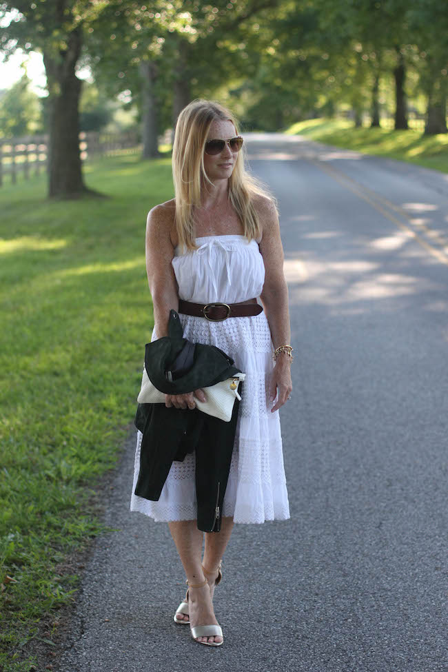 white maxi skirt, topshop jacket, clare v clutch, joie heels, ray ban sunglasses