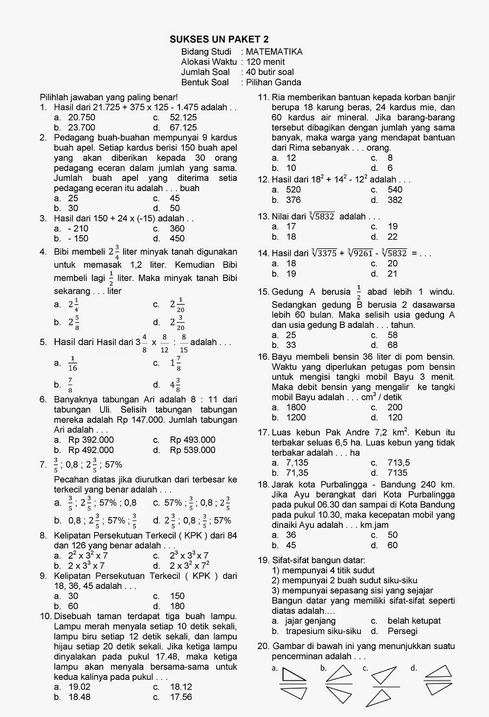 Latihan Soal UN Matematika Kelas 6 SD TA 2013/2014 ~ Kumpulan Soal SD