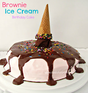 brownie ice cream cake with sprinkles and hot fudge and upside down ice cream cone with words on photo