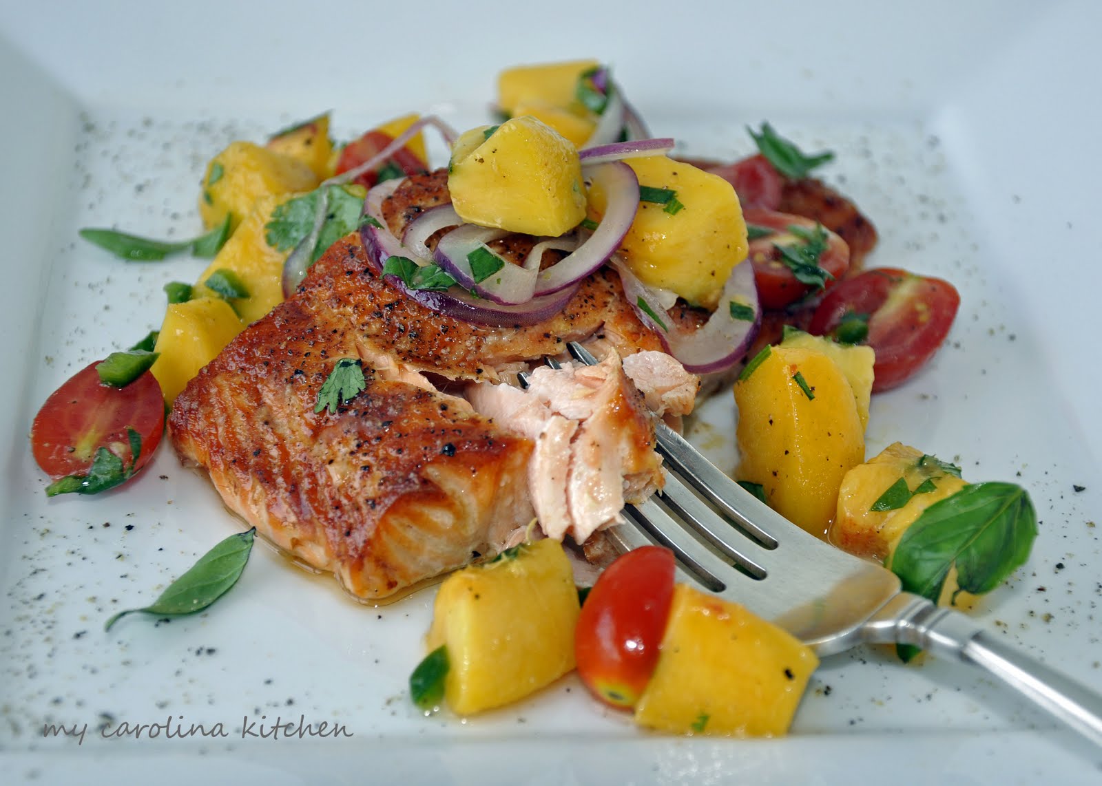 My Carolina Kitchen Salmon with Tomato Peach Salsa a spicy way to