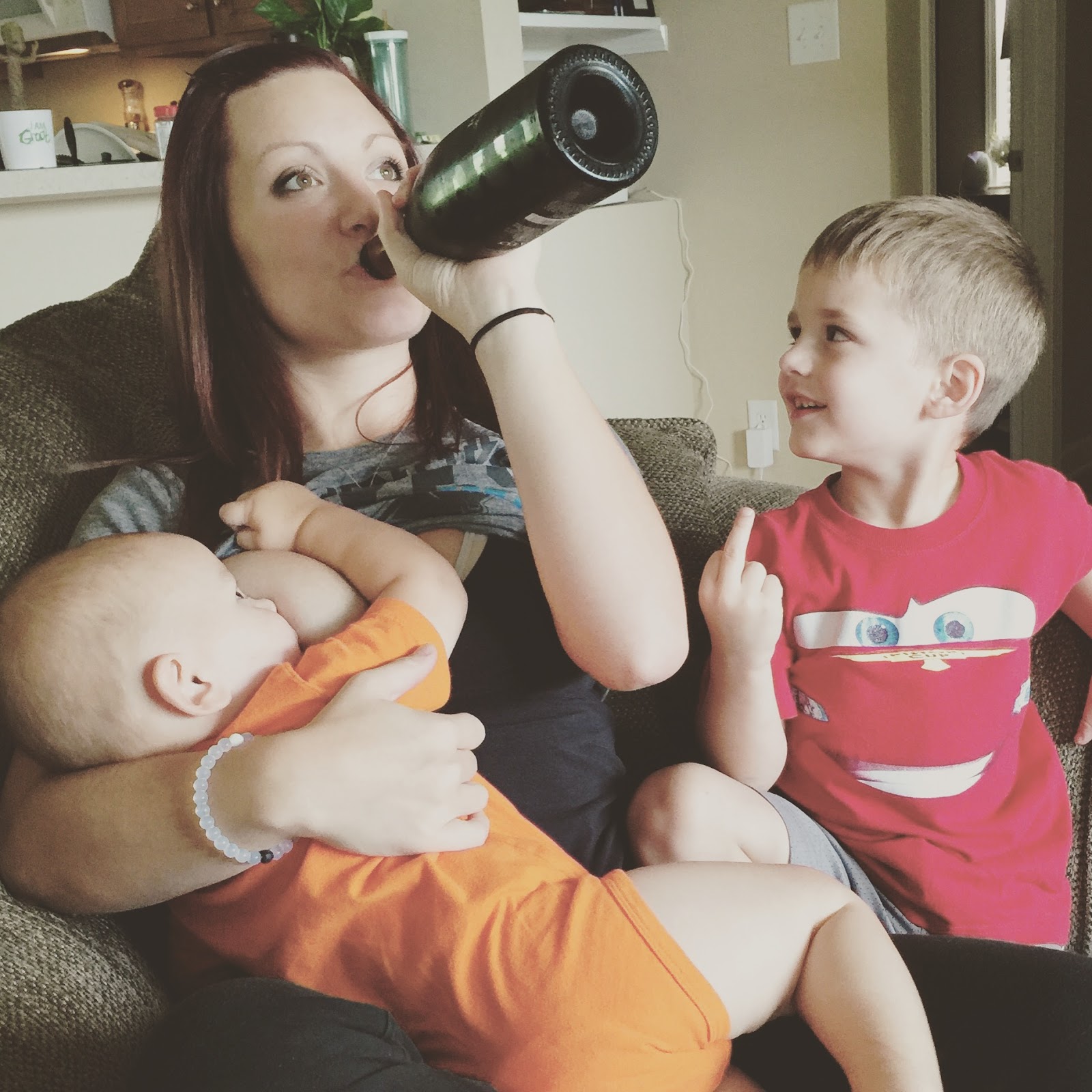 crazy, stupid.... lonely life I am the breastfeeding, wine drinking
