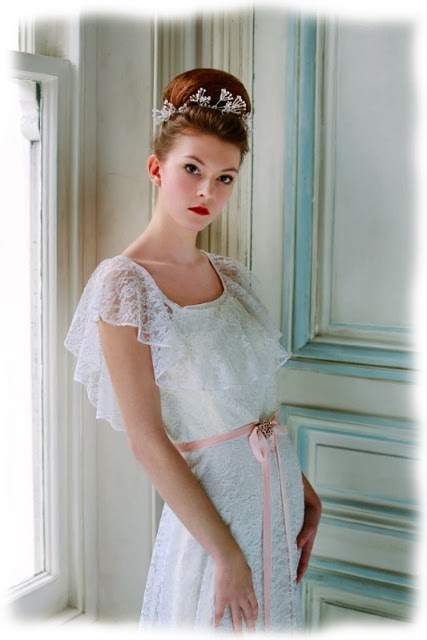 HVB vintage wedding blog, Real Vintage Brides feature - Studio picture of full length 1960s lace wedding dress