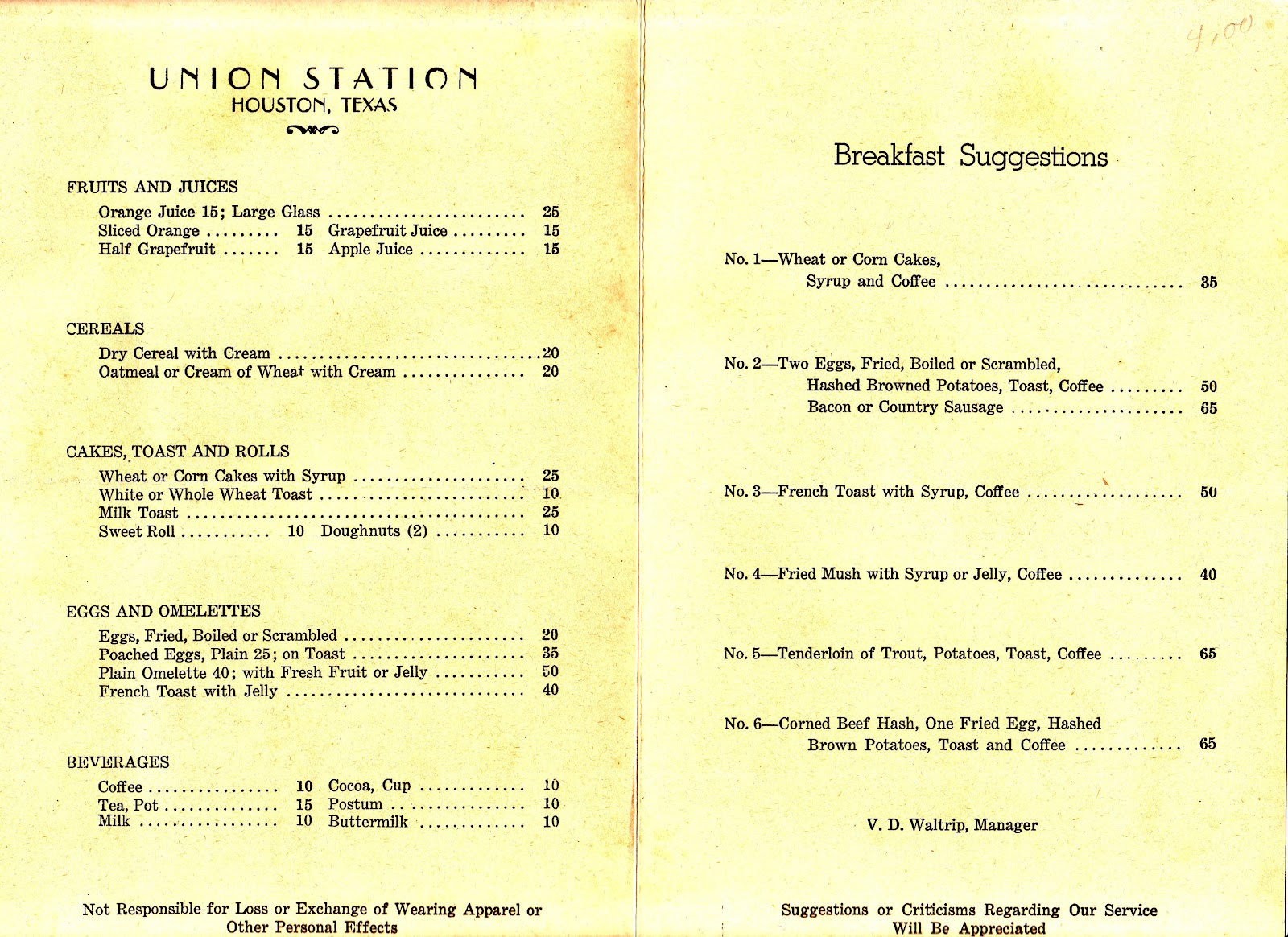 View from the Birdhouse 1940's Vintage Fred Harvey Harvey House Menu