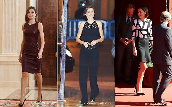 The outfits worn by Queen Letizia of Spain. Queen Letizia owns this style in many different colours and fabrics. Queen Letizia of Spain new style icon. Beethoven Earrings, Letizia S Closet, Royal Jewelry, Royal Style, Spanish Royals, Queen Letizia of Spain wearing dangly Earrings, Bracelets. diamond, necklaces. 