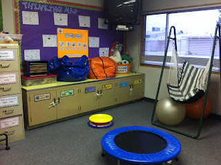 This is a picture of a teacher that provides her students with an area in the room as a sensory corner/break area.