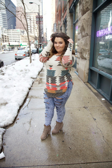 KiKi La'rue, natalie in the city, chicago fashion blogger, plus size fashion blogger, natalie craig, southern style, texas forever, ripped denim, faded denim, forever 21 plus, ankle boots, urban outfits, tribal print, sweaters, plus size fashion, curvy fashionista, fashion, plus size