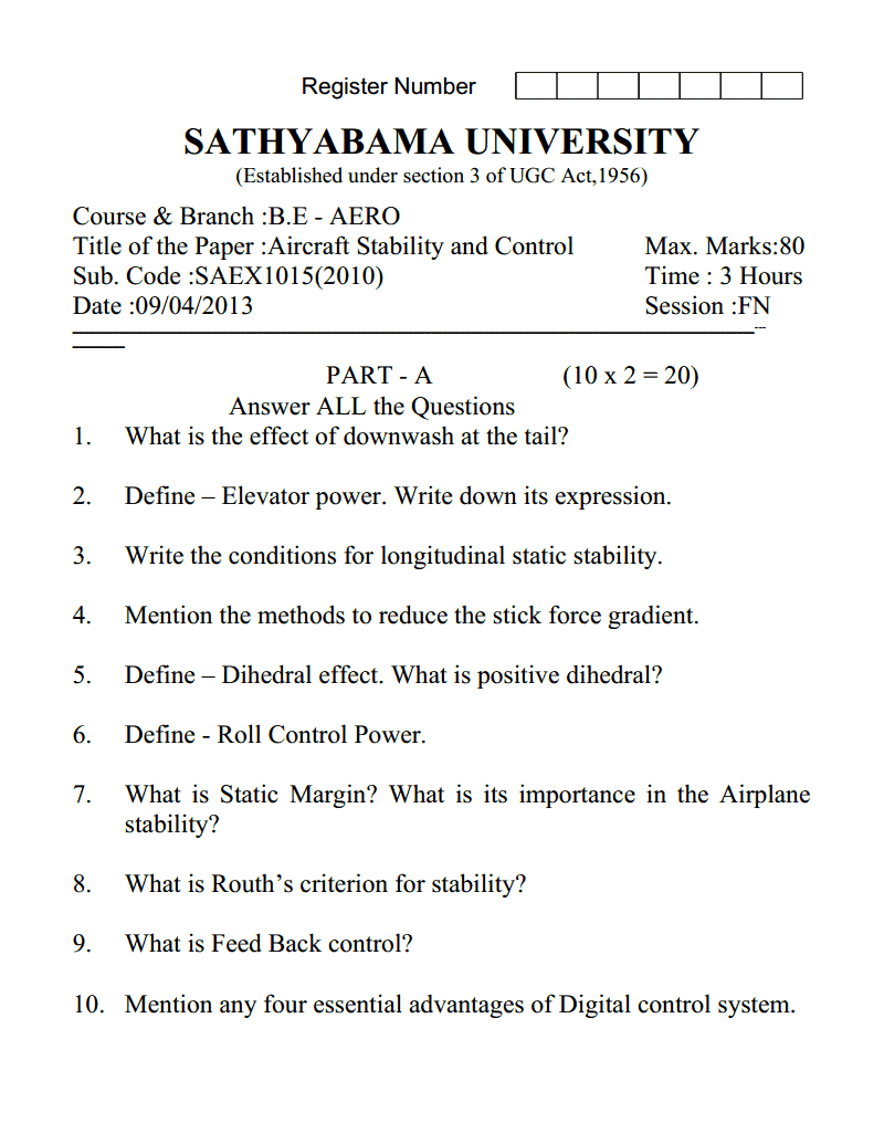 SAEX1015(2010) , Aircraft Stability and Control 2013 Question Paper, B