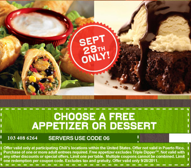 Barbara's Beat Get a free appetizer or dessert at Chili's Restaurant