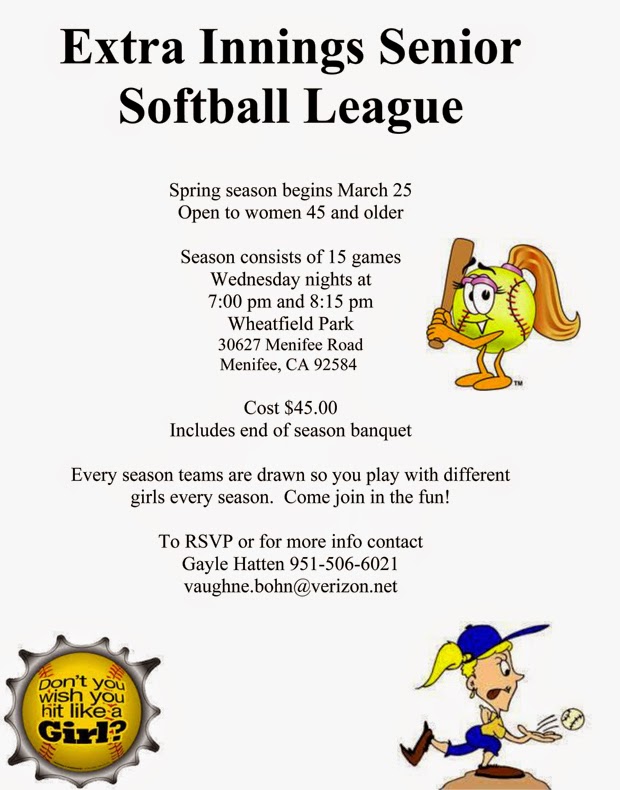 Registration Open for Senior Women's Softball League Menifee 24/7