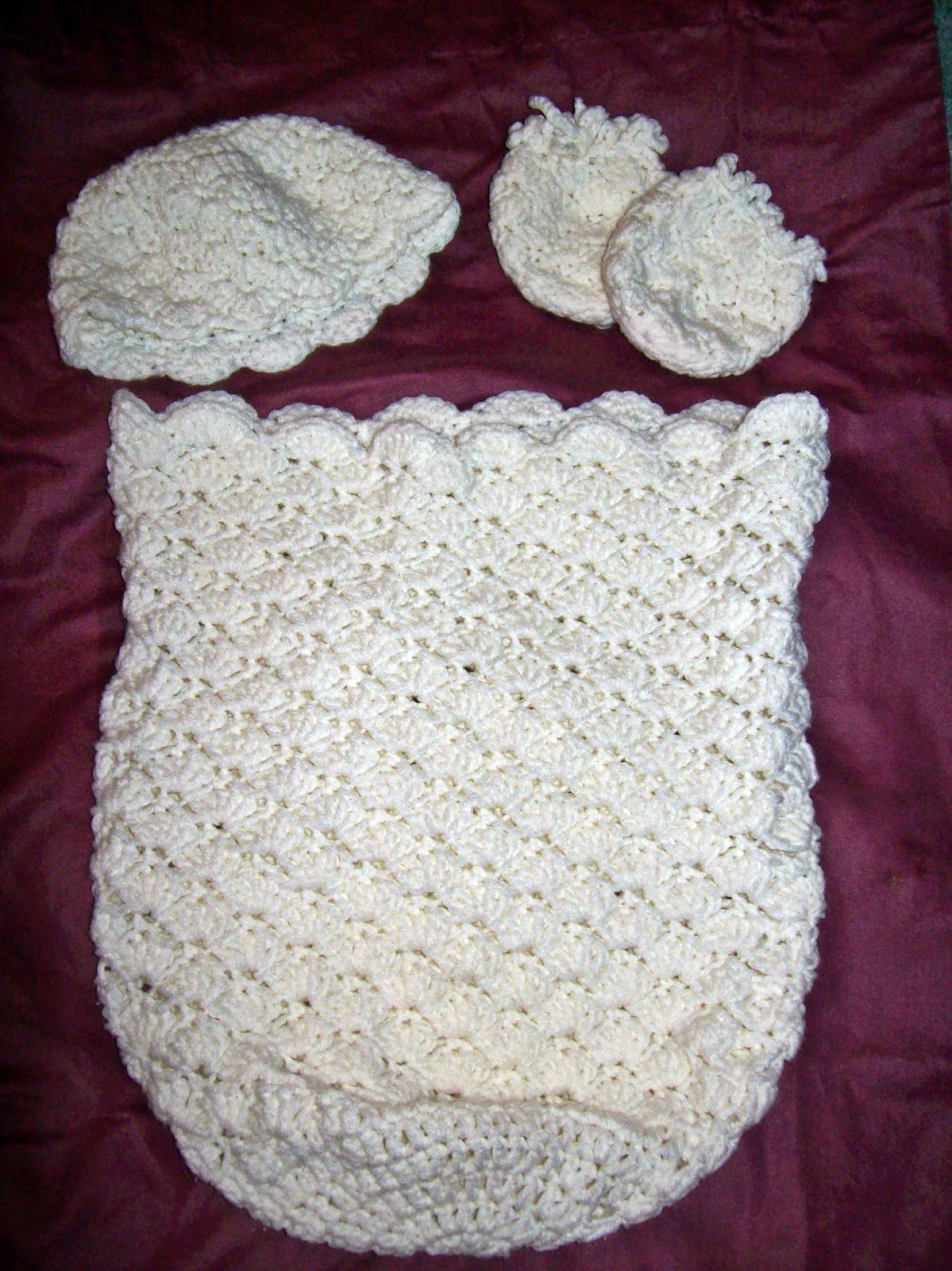 Crochet Baby Cocoon, Baby Hat and Baby MittensShell StitchBaby