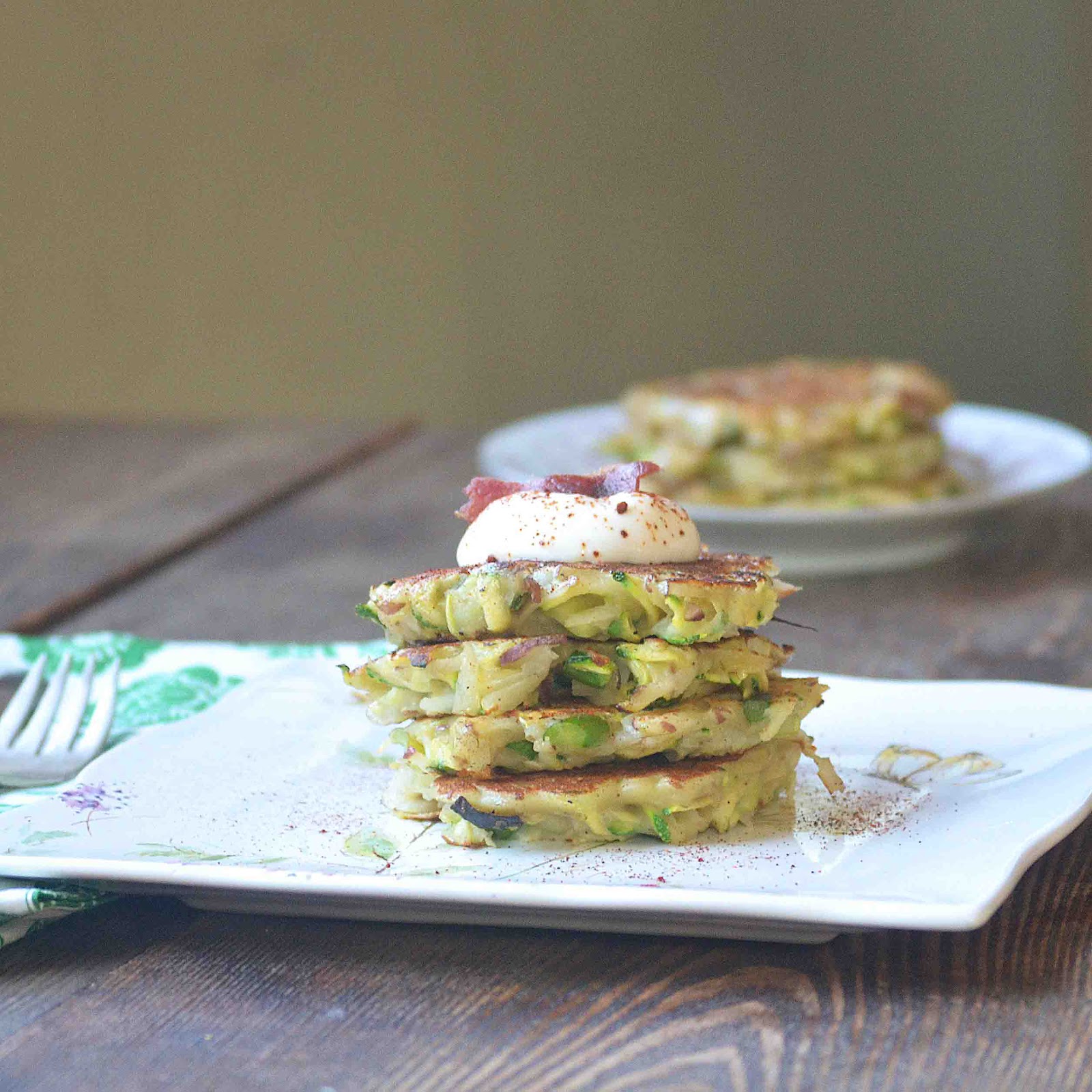 Zucchini Potato Pancakes with Garlic Scapes, Jalapenos, and Bacon