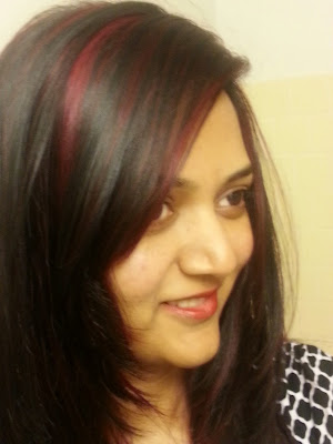 indian girl with red highlights, red color on black hair, hair color tips for indian hair, red color on indian skin with black hair