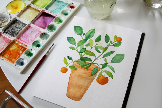 watercolors, clay pot, calamondin orange, potted plants, potted citrus, potted orange tree, houseplant portraits, Anne Butera, My Giant  Strawberry