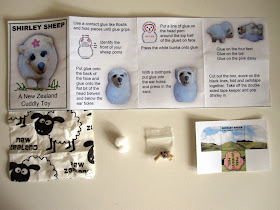 Instructions and contents of a miniature 'Shirley Sheep: a New Zealand cuddly toy' kit.