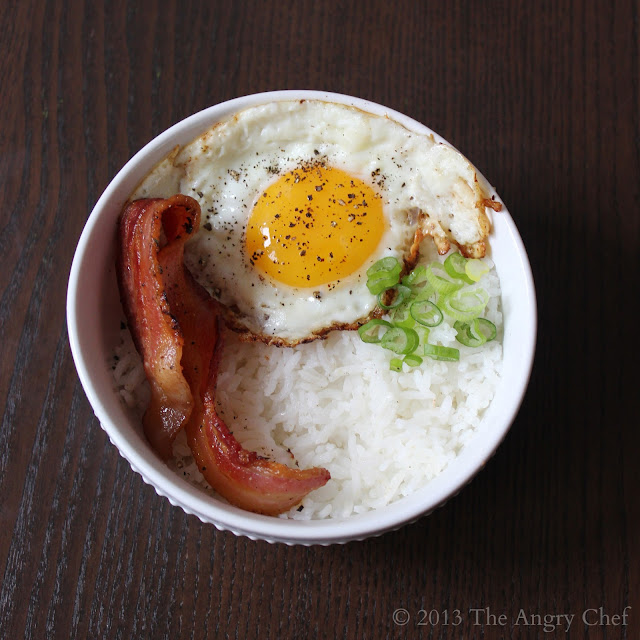 The Angry Chef Sunday breakfast Bacon, eggs, and rice