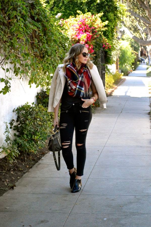 Fall Street style-LA fashion blogger-Golden Divine blog- Marshalls Ankle Boots- Zara Leather Jacket- Zara Plaid Scarf- Zac Posen Bag