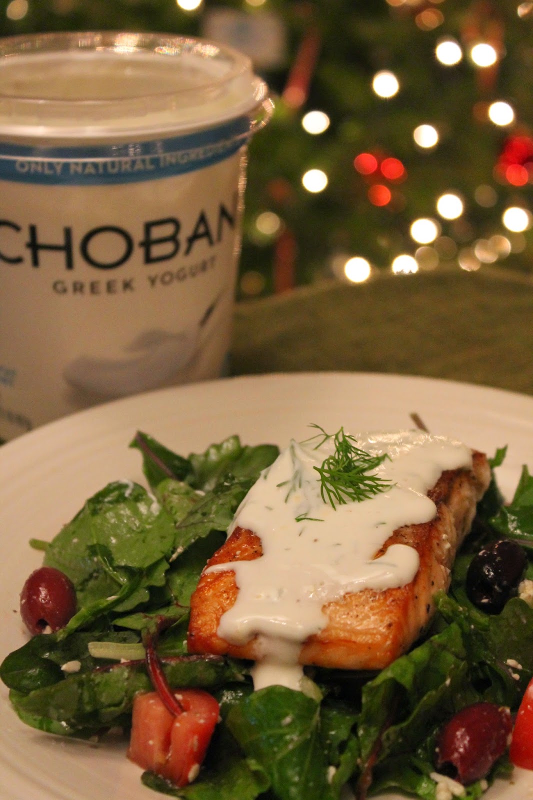 The Cultural Dish Grilled Salmon with Greek Salad and Greek Yogurt Sauce