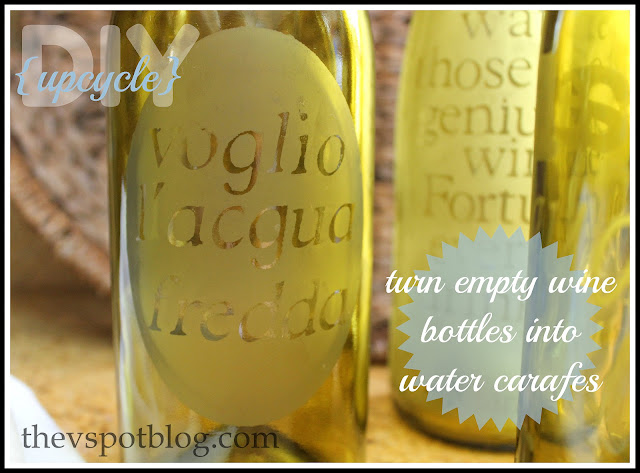 Turn empty wine bottles into etched glass water carafes.  A fun and easy recycle-upcycle DIY