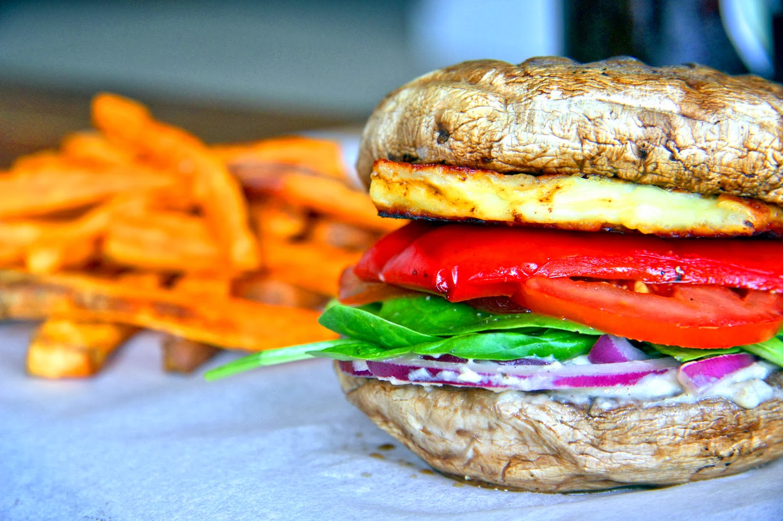 Tali's Tomatoes Mushroom 'bun' burgers with sweet potato fries