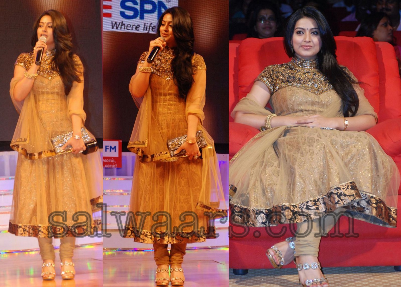 Sneha in Netted Banaras Salwar with Collar Neck Indian Dresses