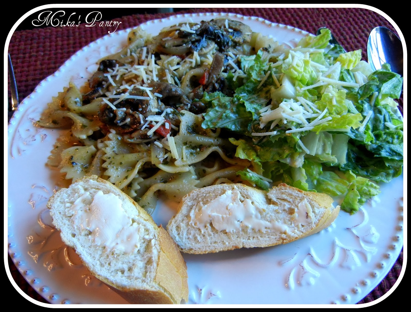 Mika's Pantry Pesto Pasta with Mushrooms, Onions and Roasted Red Peppers