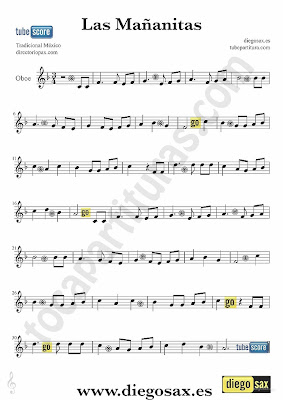 Tubescore Las Mañanitas Sheet music for Oboe Popular Mexico Music score Las Mañanitas Folk - Popular - Traditional Mexico