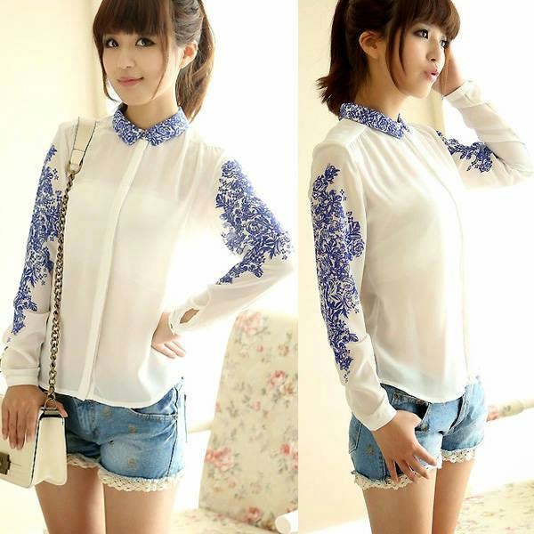 KOREAN BLUE&WHITE PORCELAIN PRINT CHIFFON SHIRT NZ1459757