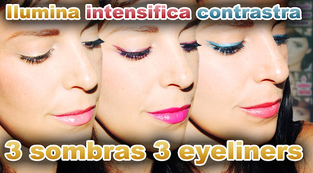 Tres sombras Tres eyeliner, dorado, azul, morado, Three eyeshadows Three eyeliners, gold, glue, purple, Silvia Quirós