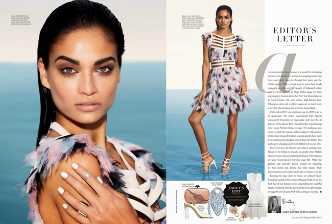 Harper's Bazaar Arabia January 2015, Shanina Shaik Fendi 2015 SS Leather & Organza Petals Dress Editorials