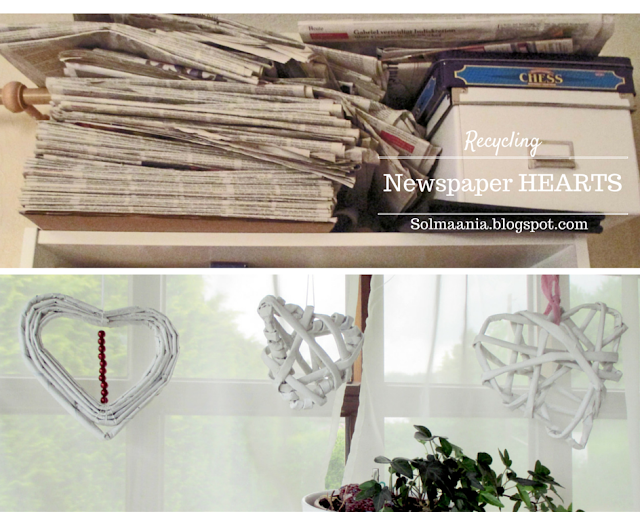 Newspaper hearts, taaskasutus, window hangers, window decorations, ajalehest südamed, akna dekoratsioonid