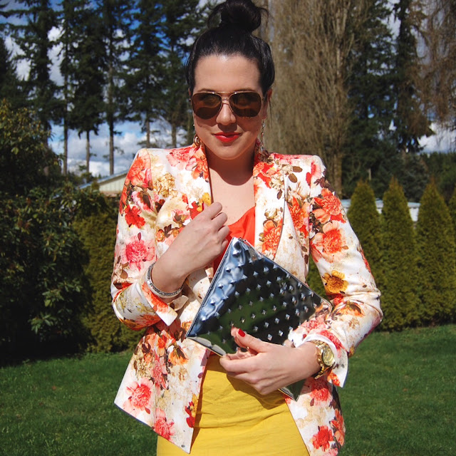 Floral Zara blazer, silk Joe Fresh tank, Forever 21 skirt, Ela Editor's Pouch and Topshop heels