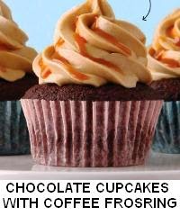 CHOCOLATE CUPCAKES WITH COFFEE FROSTING AND CARAMEL SAUCE