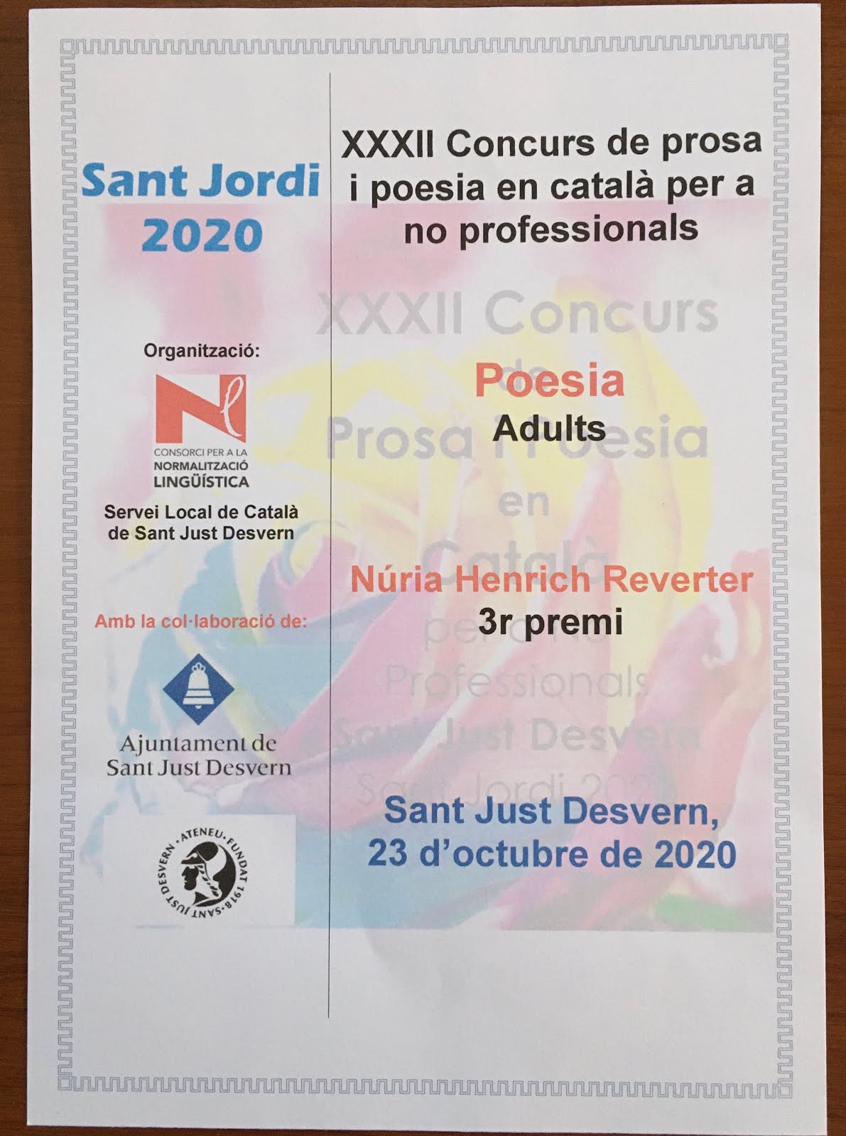3er PREMI XXXII Concurs de prosa i poesia en català (Sant Jordi 2020)