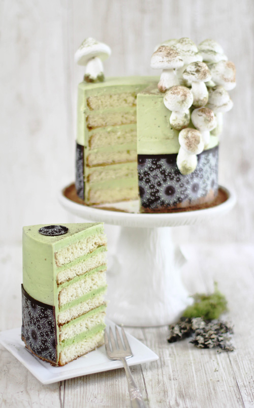 MatchaAlmond Layer Cake with Meringue Mushrooms