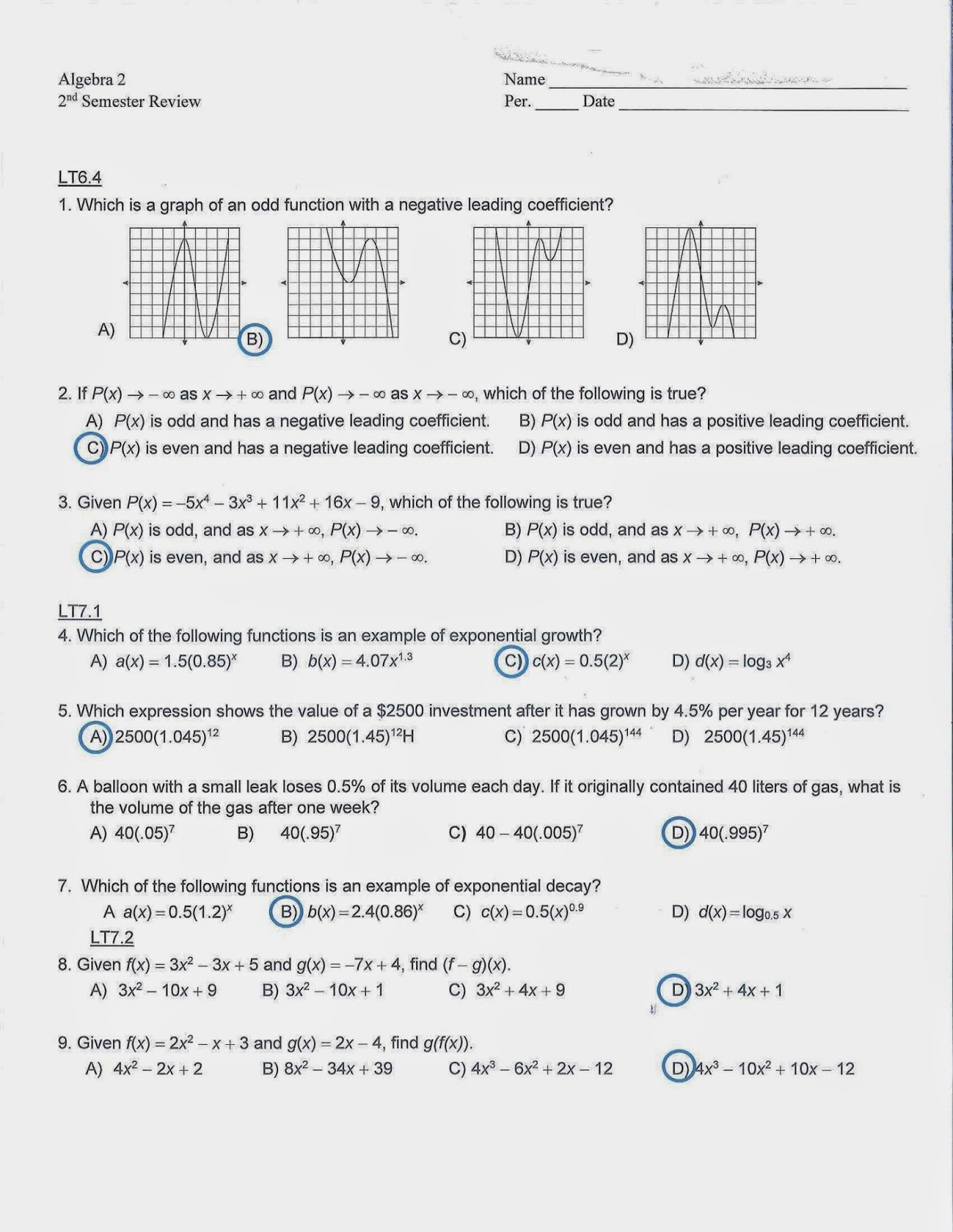 Byu Algebra 2 Part 1 Final Exam Answers
