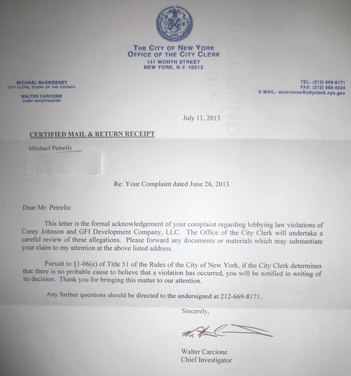 Petrelis Files: City Clerk's Certified Letter: Corey ...