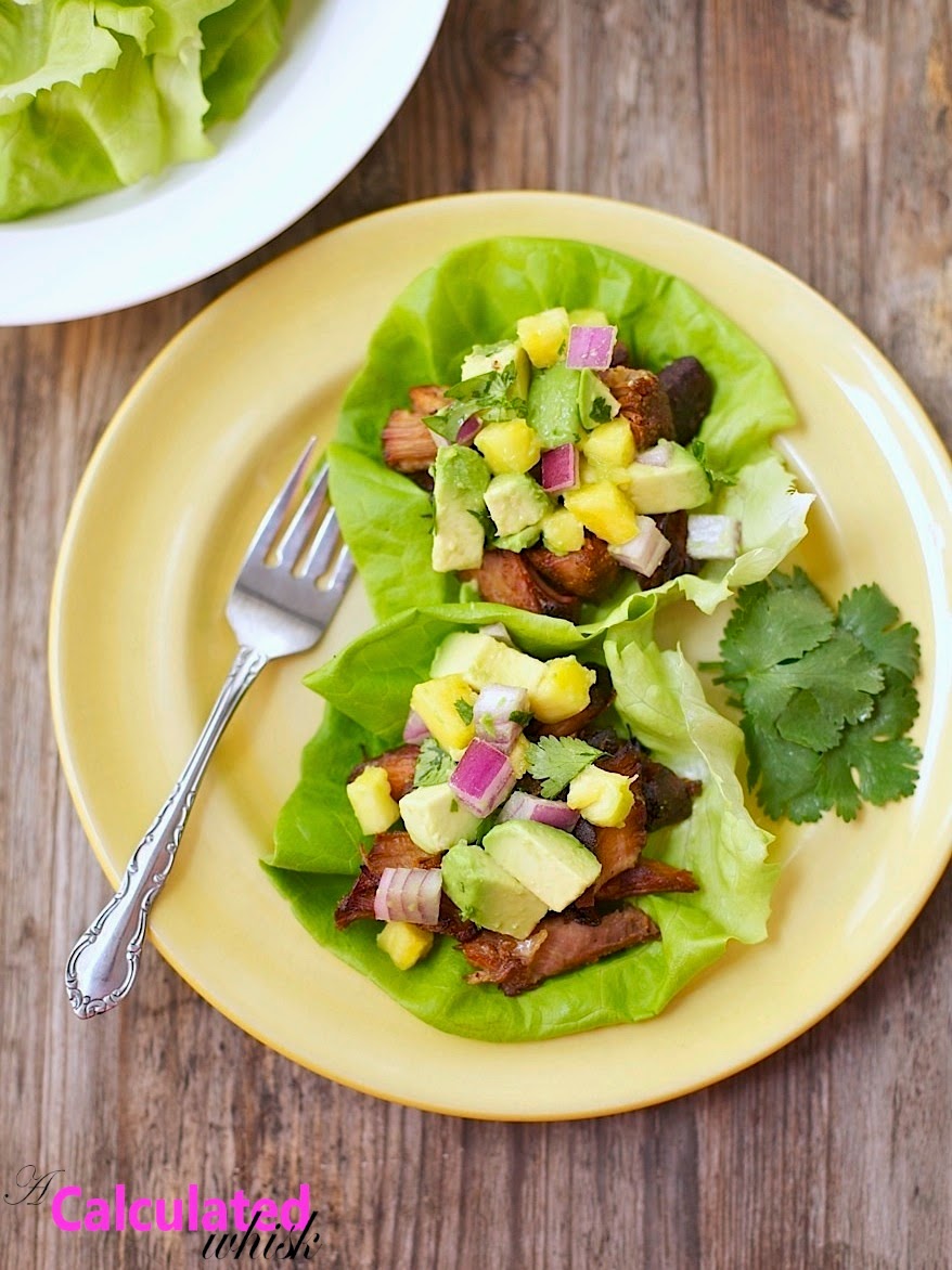 Slow-Cooker Carnitas Lettuce Wraps with Pineapple and Avocado Salsa (Paleo, Gluten free)