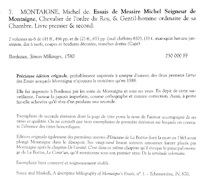 Fiche de libraire : un exemplaire des Essais de Montaigne de la première édition de 1580 dans Auteurs, écrivains, polygraphes, nègres, etc. montaigne-1580