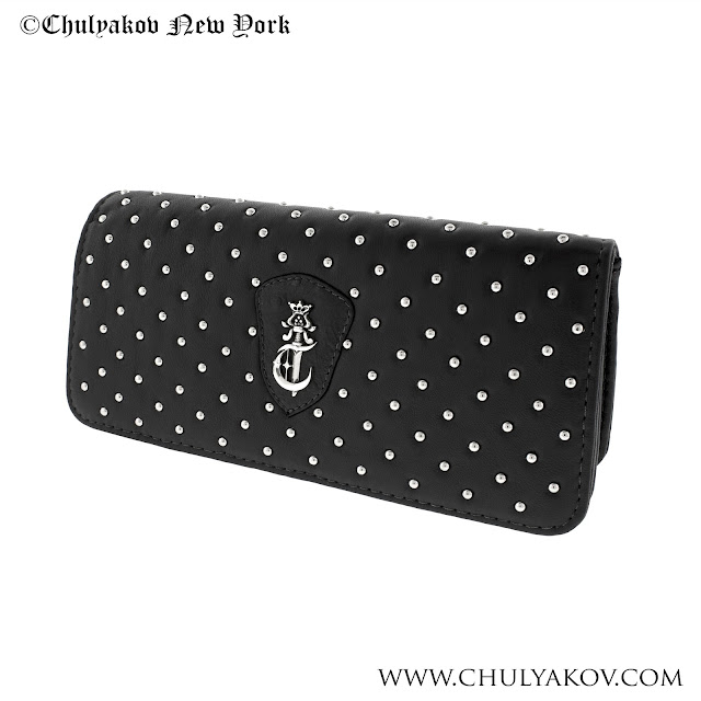 Designer Studded Leather clutch with sterling silver logo