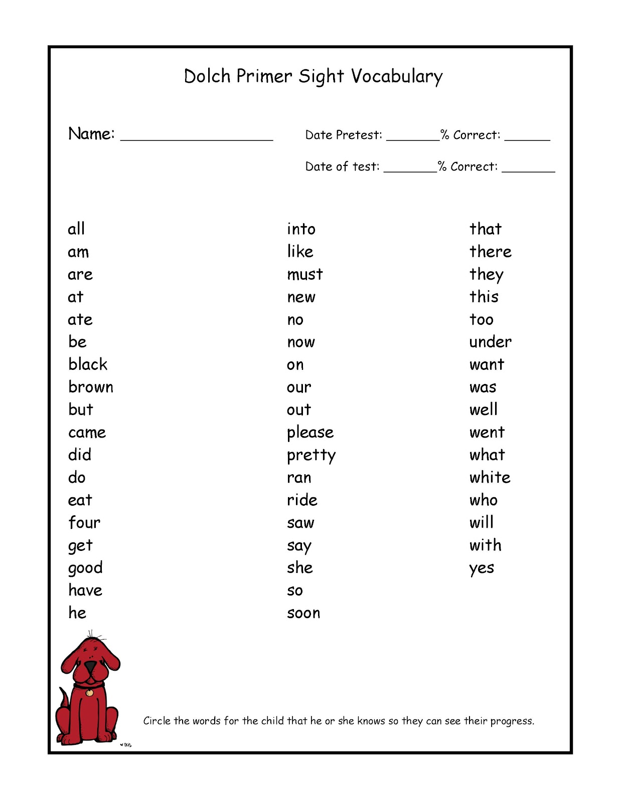 july 2012 preschool printables dolch primer list
