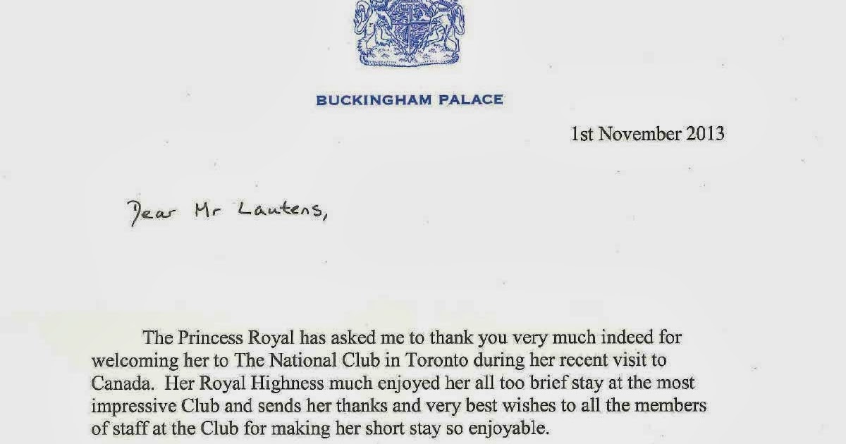 The National Club Thank You Letter from HRH Princess Anne