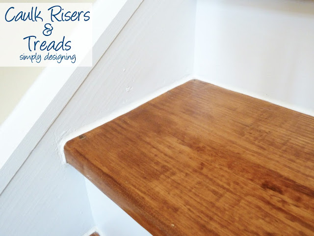 Caulk Risers and Treads | step by step instructions on how to rip up carpet and refinish wood stairs, including all the mistakes we made along the way | Simply Designing | #diy #decorating #homedecor #homeimprovement #homeprojects #tutorial #stairs #stain