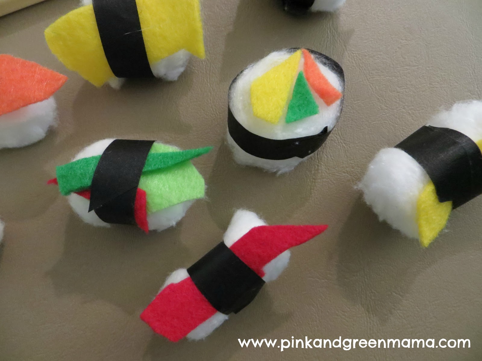 Pink and Green Mama * Cotton Ball Sushi Craft