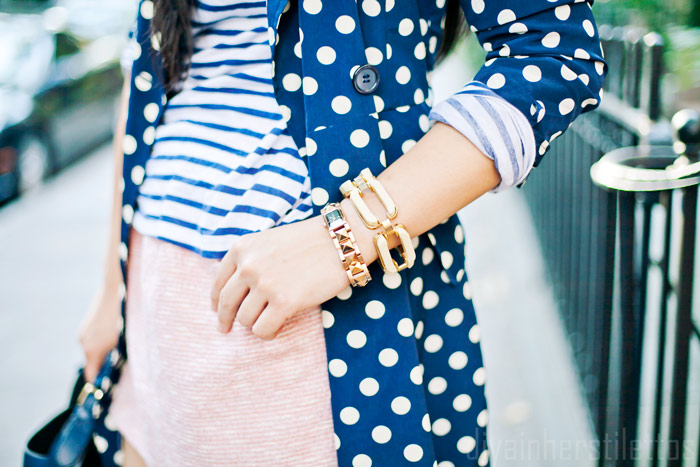 zara tweed mini skirt, forever 21 polka dot trench, pattern mix, striped shirt, boutique nine quilo pumps, navy and pink, fashion blog, new york street style, diya liu