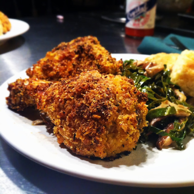 Crispy Oven Baked Chicken with Cider Glazed Collard Greens and Homemade Biscuits