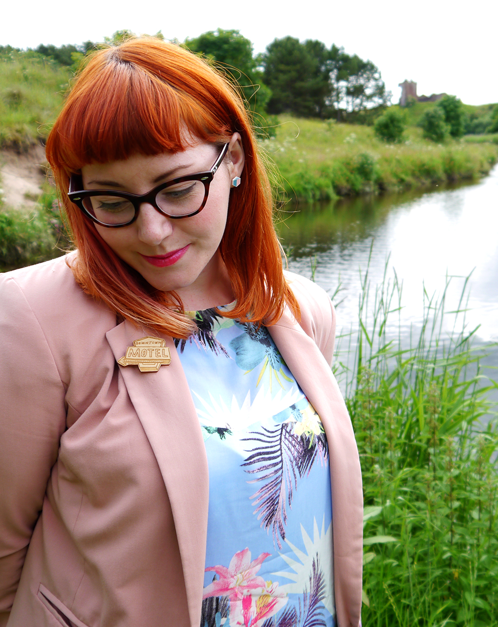 summer style, tropical style, beach style, DIY dress, dressmaking, Styled by Helen: Tropical, red head, ginger, Topshop sandals, pink blazer, Tom Pigeon earrings, Kate Rowland motel brooch