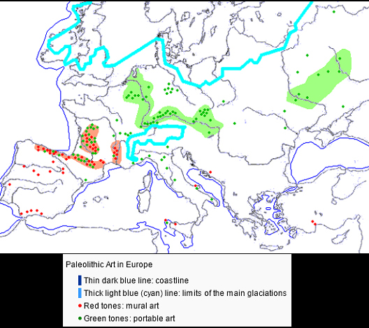 The ruins map, glacial epoch, Europe, 10,000 ～40,000 years ago